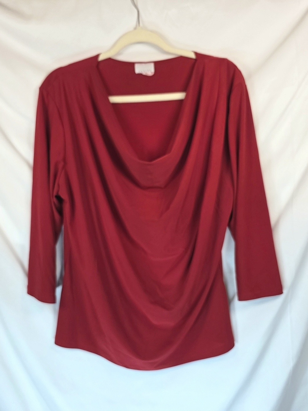 Caribe Womens 1X Blouse Crimson Cowl Neck Drape Stretch Knit 3/4 Sleeve Feminine